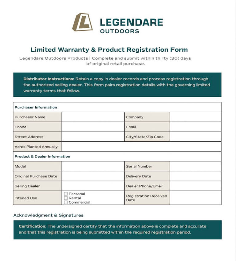 Limited Warranty & Product Registration Form cover Legendare